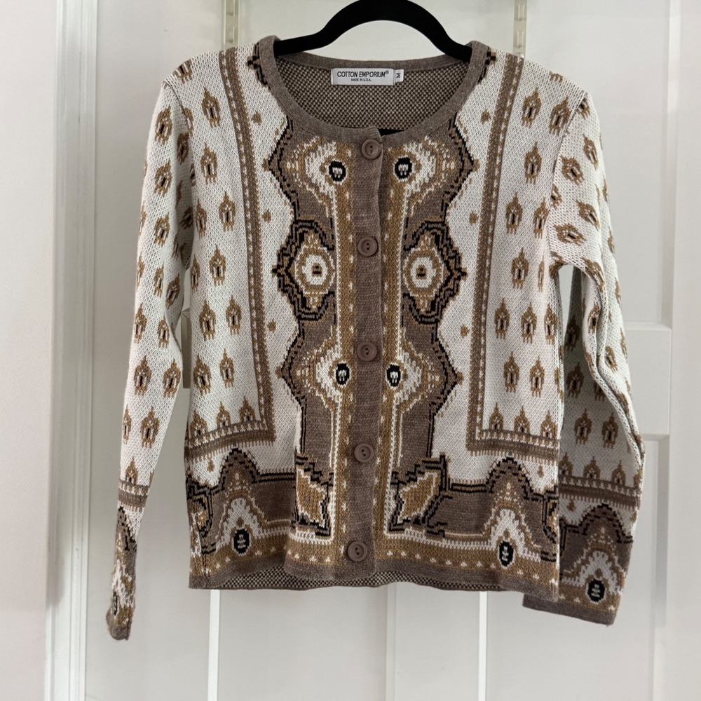 Cotton Emporium Womens Brown Geometric Intarsia Knit Cardigan Sweater Size M USA
